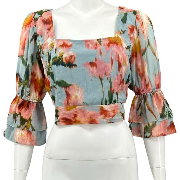 BTFL-Life Tops - BTFL Life Top Womens Medium Multi Crop Abstract Watercolor Floral Open Back Boho